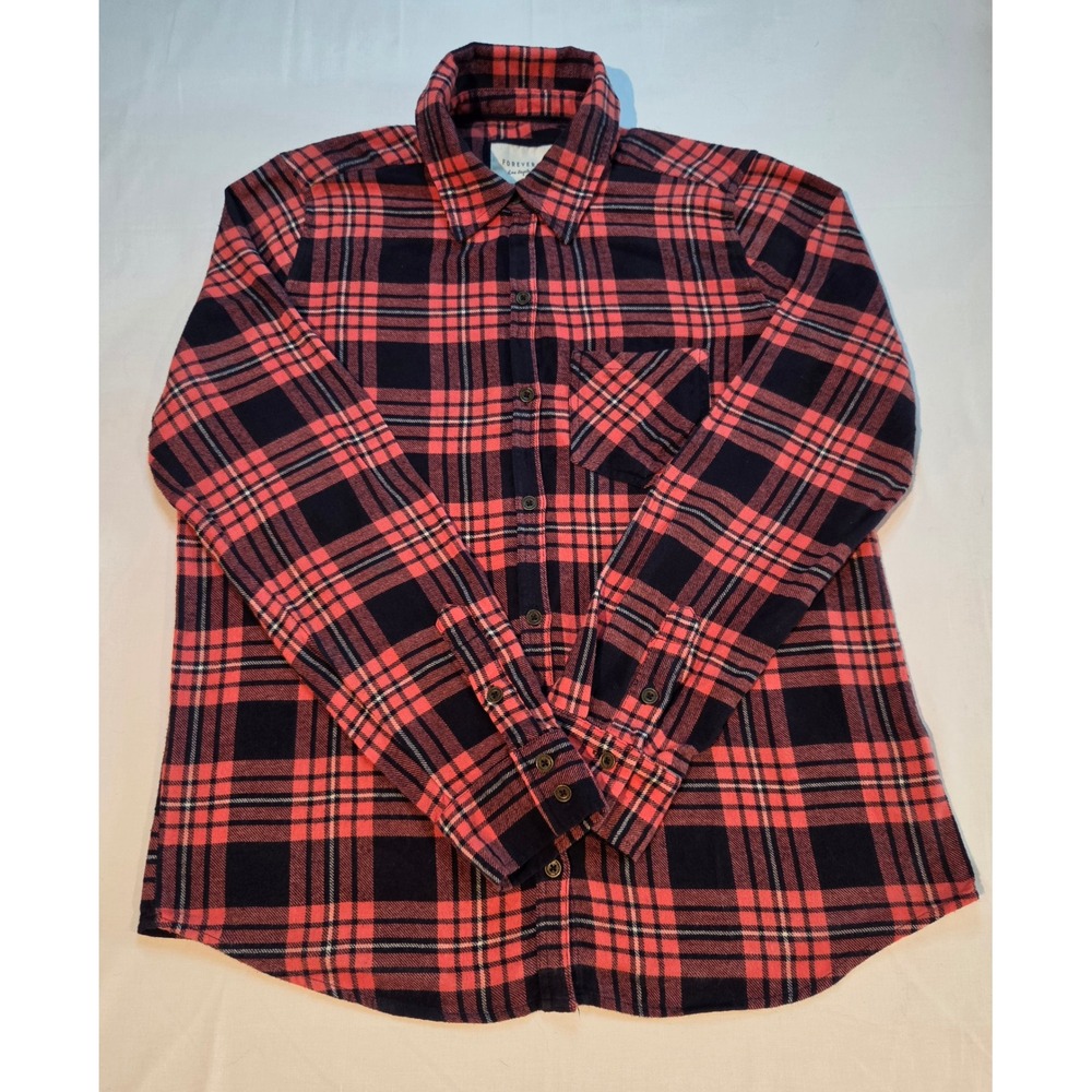 Forever 21 Womens Casual Coral/Navy Blue Plaid Flannel Button Down Shirt Size L